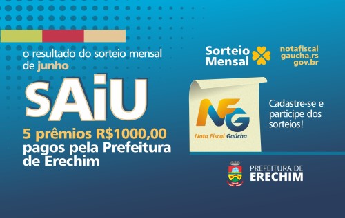 Nota Fiscal Gaúcha: ganhadores do sorteio do município de Erechim do dia 25/05/2023