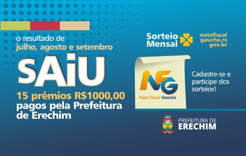 Nota Fiscal Gaúcha: ganhadores do sorteio do município de Erechim do dia 27/06/2024