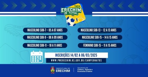 Taça Erechim de Futsal 2025: inscrições abertas para categorias de base