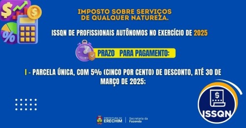 Prazo para pagar o ISSQN com 5% de desconto vence em 30 março