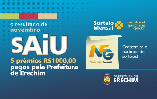 Nota Fiscal Gaúcha: ganhadores do sorteio do município de Erechim do dia 31/10/2024